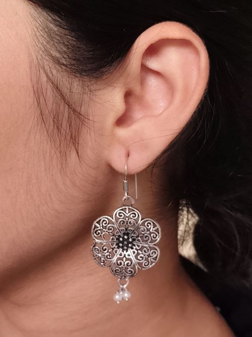 Lightweight German Silver Flower Earrings with pearl hook ethnic design