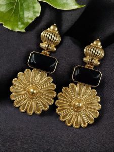 Gold Plated Flower Dangler Earrings | Long Monalisa Stone Vintage Look Best Jewelry - color: "Black"