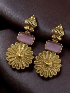 Gold Plated Flower Dangler Earrings | Long Monalisa Stone Vintage Look Best Jewelry - color: "Baby Pink"