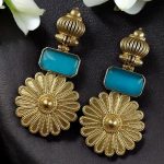 Bulk 66 Gold Plated Flower Dangler Earrings | Long Monalisa Stone Vintage Look Best Jewelry - "Aqua"