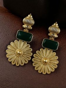 Gold Plated Flower Dangler Earrings | Long Monalisa Stone Vintage Look Best Jewelry - color: "Green"