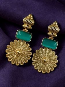 Gold Plated Flower Dangler Earrings | Long Monalisa Stone Vintage Look Best Jewelry - color: "Mint"