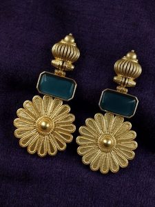 Gold Plated Flower Dangler Earrings | Long Monalisa Stone Vintage Look Best Jewelry - color: "Blue"