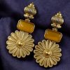 Gold plated flower dangler earrings with Monalisa stone vintage look.