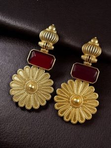 Gold Plated Flower Dangler Earrings | Long Monalisa Stone Vintage Look Best Jewelry - color: "Red"