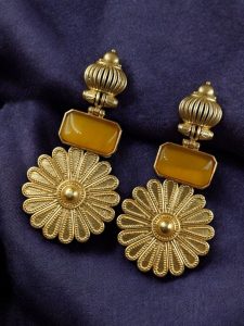 Gold Plated Flower Dangler Earrings | Long Monalisa Stone Vintage Look Best Jewelry - color: "Yellow"