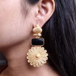 Gold Plated Flower Dangler Earrings | Long Monalisa Stone Vintage Look Best Jewelry