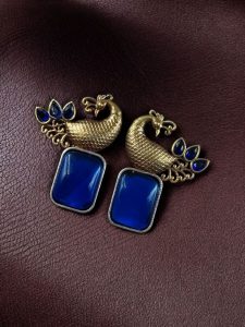 Traditional Look alike Two-Tone Peacock Earrings | Ethnic Stone Work Perfect Jewelry for Women - color: "Blue"