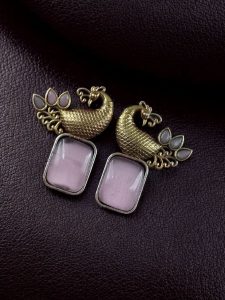 Traditional Look alike Two-Tone Peacock Earrings | Ethnic Stone Work Perfect Jewelry for Women - color: "Baby Pink"
