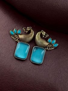 Traditional Look alike Two-Tone Peacock Earrings | Ethnic Stone Work Perfect Jewelry for Women - color: "Aqua"