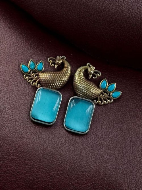 Two-tone peacock earrings with stone work in traditional look alike design.