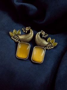 Traditional Look alike Two-Tone Peacock Earrings | Ethnic Stone Work Perfect Jewelry for Women - color: "Yellow"