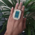 Bulk 28 Gold Plated Adjustable Ring | Monalisa Stone & Pearl Work Party Wear Best Jewelry - "Aqua"