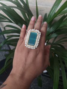 Gold Plated Adjustable Ring | Monalisa Stone & Pearl Work Party Wear Best Jewelry - color: "Aqua"