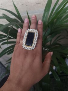 Gold Plated Adjustable Ring | Monalisa Stone & Pearl Work Party Wear Best Jewelry - color: "Blue"