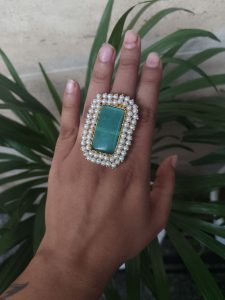 Gold Plated Adjustable Ring | Monalisa Stone & Pearl Work Party Wear Best Jewelry - color: "Mint"