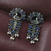 Brass peacock earrings with intricate design, lightweight and elegant