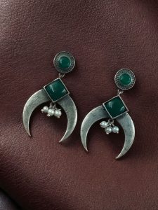 Traditional Stone & Pearl Work Half Moon Earrings | Silver Replica Perfect Ethnic Dangler Jewelry - color: "Green"