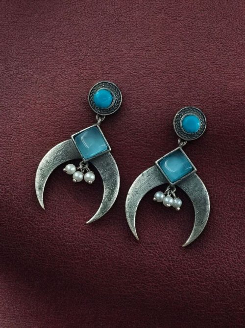 Silver replica half moon earrings with pearl and stone work
