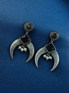 Traditional Stone & Pearl Work Half Moon Earrings | Silver Replica Perfect Ethnic Dangler Jewelry - color: "Black"