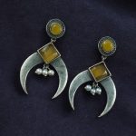Bulk 10 Traditional Stone & Pearl Work Half Moon Earrings | Silver Replica Perfect Ethnic Dangler Jewelry - "Yellow"
