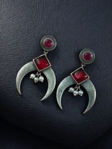 Traditional Stone & Pearl Work Half Moon Earrings | Silver Replica Perfect Ethnic Dangler Jewelry - color: "Red"