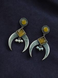 Traditional Stone & Pearl Work Half Moon Earrings | Silver Replica Perfect Ethnic Dangler Jewelry - color: "Yellow"