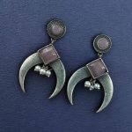 Bulk 14 Traditional Stone & Pearl Work Half Moon Earrings | Silver Replica Perfect Ethnic Dangler Jewelry - "Baby Pink"