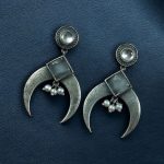 Bulk 16 Traditional Stone & Pearl Work Half Moon Earrings | Silver Replica Perfect Ethnic Dangler Jewelry - "Grey"
