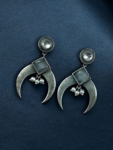 Traditional Stone & Pearl Work Half Moon Earrings | Silver Replica Perfect Ethnic Dangler Jewelry - color: "Grey"