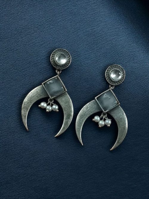 Silver replica half moon earrings with pearl and stone work