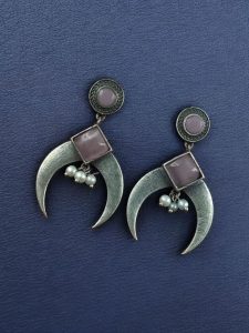 Traditional Stone & Pearl Work Half Moon Earrings | Silver Replica Perfect Ethnic Dangler Jewelry - color: "Baby Pink"