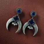 Bulk 18 Traditional Stone & Pearl Work Half Moon Earrings | Silver Replica Perfect Ethnic Dangler Jewelry - "Blue"