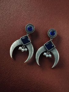 Traditional Stone & Pearl Work Half Moon Earrings | Silver Replica Perfect Ethnic Dangler Jewelry - color: "Blue"