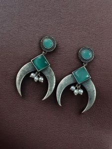 Traditional Stone & Pearl Work Half Moon Earrings | Silver Replica Perfect Ethnic Dangler Jewelry - color: "Mint"