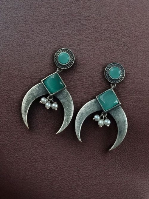 Silver replica half moon earrings with pearl and stone work