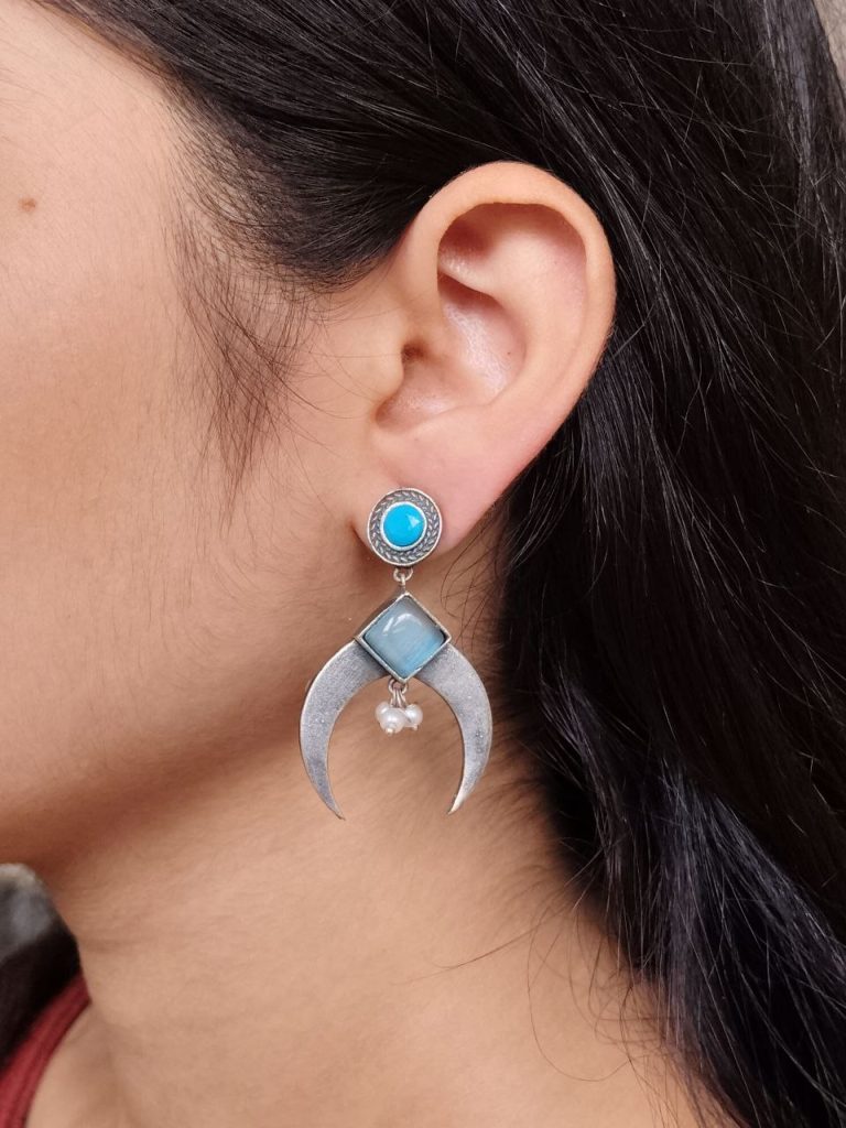 Traditional Stone & Pearl Work Half Moon Earrings | Silver Replica Perfect Ethnic Dangler Jewelry