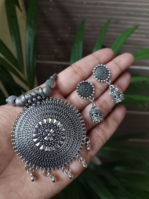 German silver round shape necklace set chain pendant .
