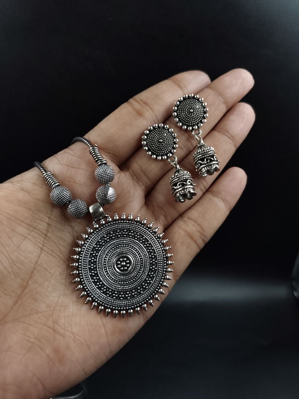 Designer Chain Pendant German Silver Necklace | Round Shape Best Jewelry Set 1 German silver round shape necklace set with designer chain pendant