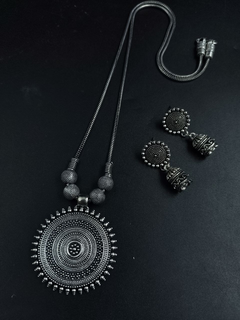 Designer Chain Pendant German Silver Necklace | Round Shape Best Jewelry Set 3 German silver round shape necklace set with designer chain pendant