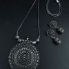 German silver round shape necklace with unique floral art pendant