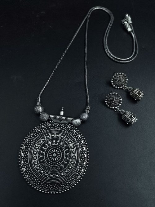 German silver round shape necklace with unique floral art pendant