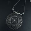 German silver round shape necklace with unique floral art pendant