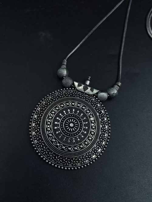 German silver round shape necklace with unique floral art pendant
