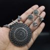 German silver round shape necklace with unique floral art pendant
