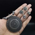Trendy German Silver Round Shape Necklace | Unique Floral Art Pendant Jewelry