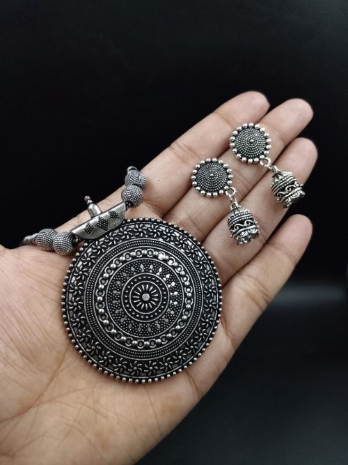 German silver round shape necklace with unique floral art pendant
