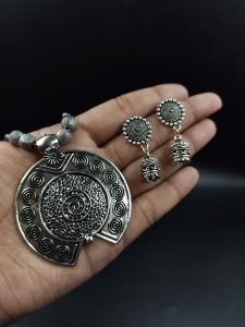 Stylish German Silver Round Shape Unique Necklace Set | Chain Pendant Jewelry