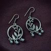 Oxidized German silver leaf and circle hook earrings for daily wear