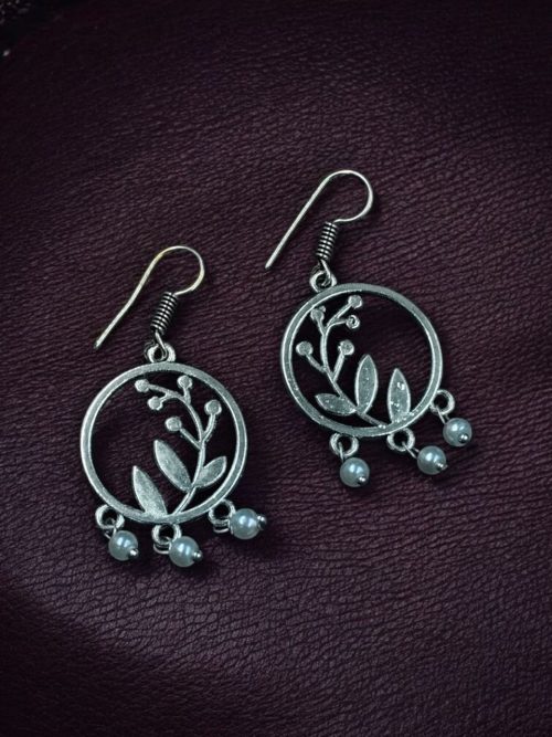 Oxidized German silver leaf and circle hook earrings for daily wear